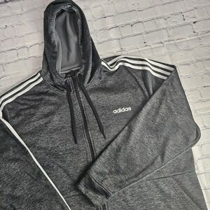 Adidas Full Zip Mens 2XL Hoodie Heather Gray Lightweight Pockets Logo‎ Climawarm